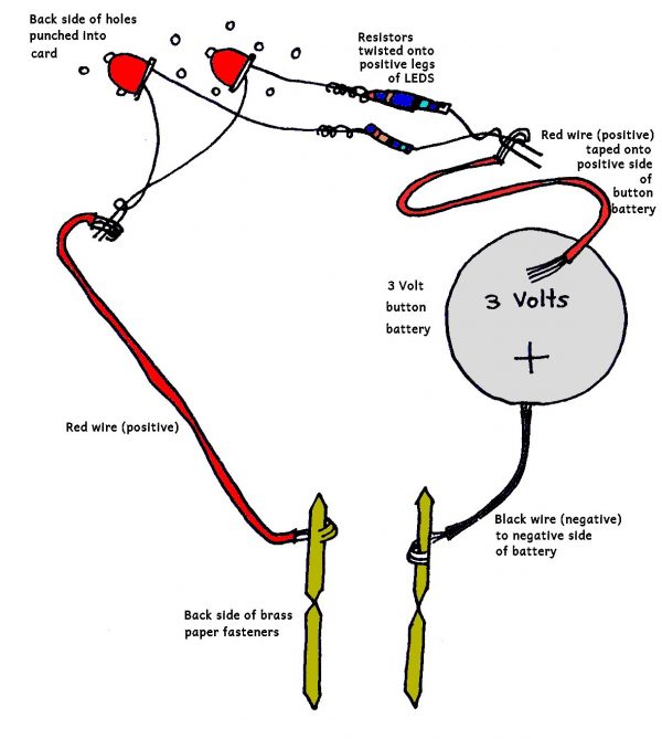 Diagram showing the circuit to make a light up electronic card