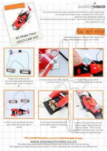 Example Page from Free Electronics eBook Photos showing how to add a motor and switch to a Lego car to make it go.