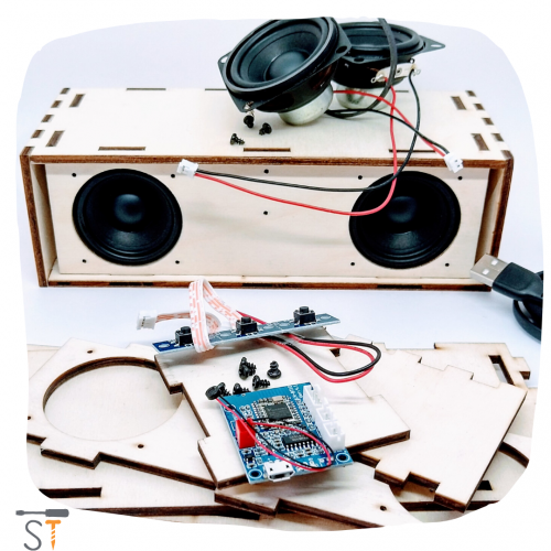 Photo of wooden Bluetooth Speaker kit with a pile of parts to indicate what you get