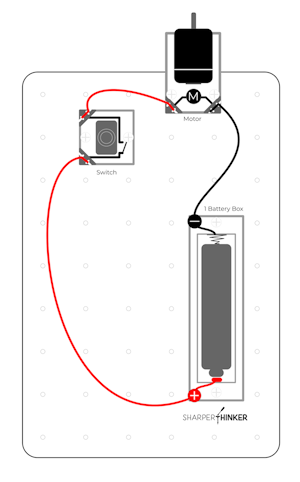 A circuit diagram showing a motor and switch Tinker Tile connected to an AA battery.