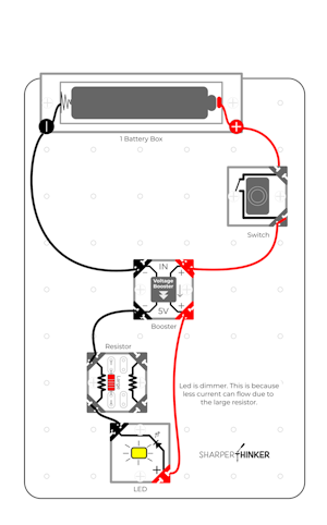 This circuit diagram shows you how to swap resistors so you can change the brightness of the light.